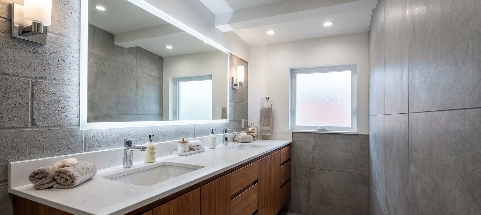 Transitional bathroom renovation with shaker cabinets and quartz counters