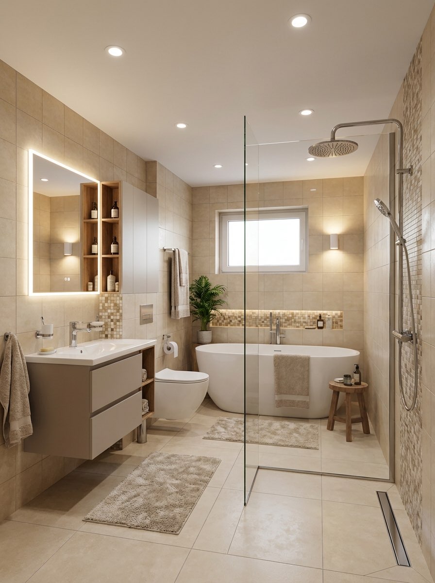 Bathroom remodel idea featuring herringbone floor and updated hardware