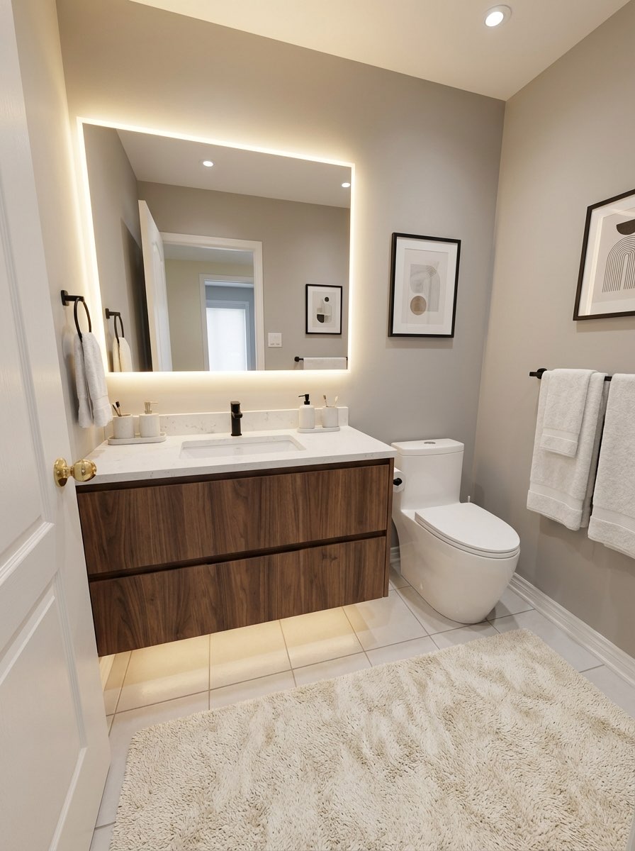 Cozy bathroom makeover with warm wood tones and modern fixtures - AI generated
