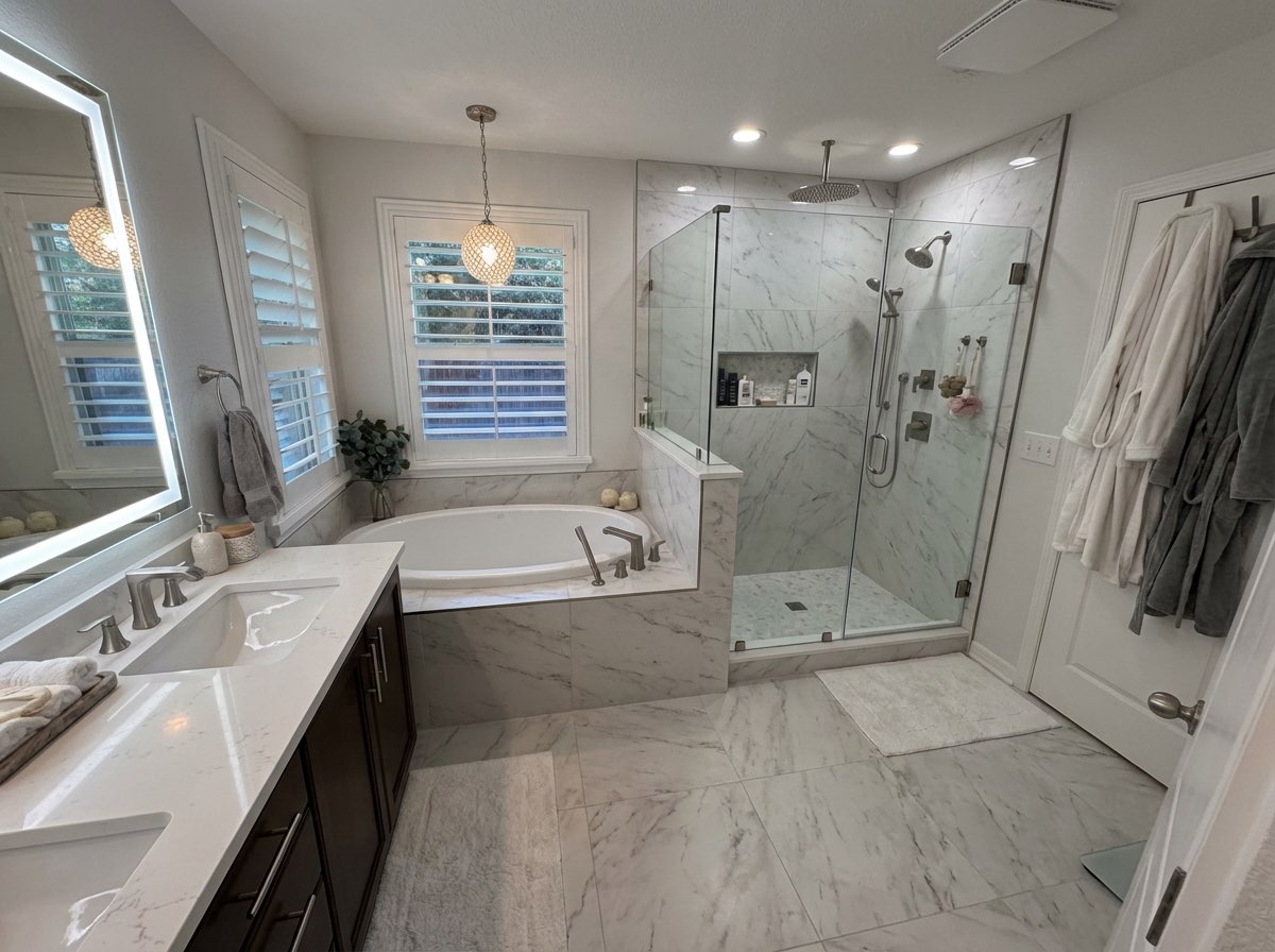 Full bathroom remodel with walk-in shower and new flooring - AI generated