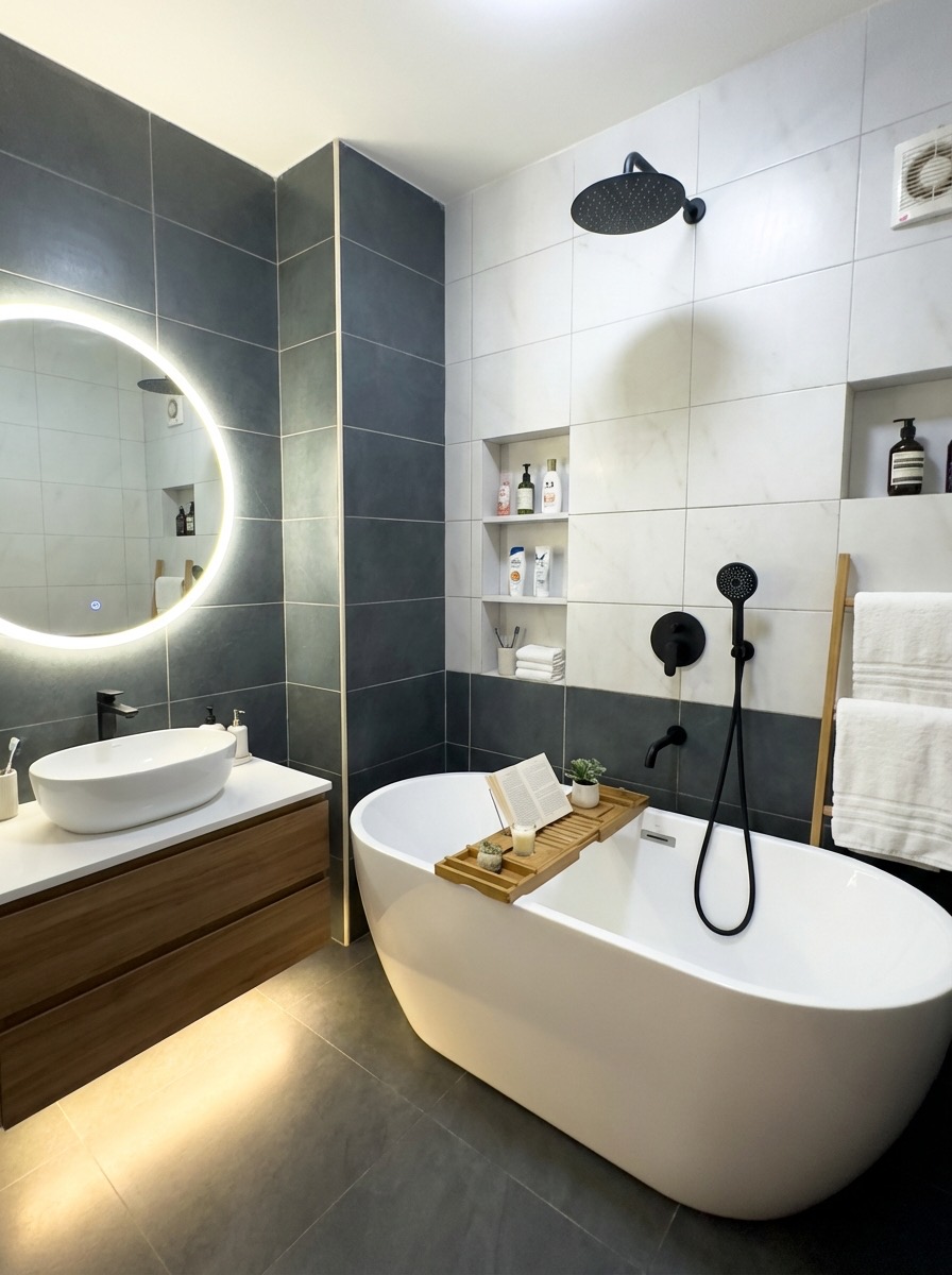 Bathroom transformation featuring modern lighting and clean lines