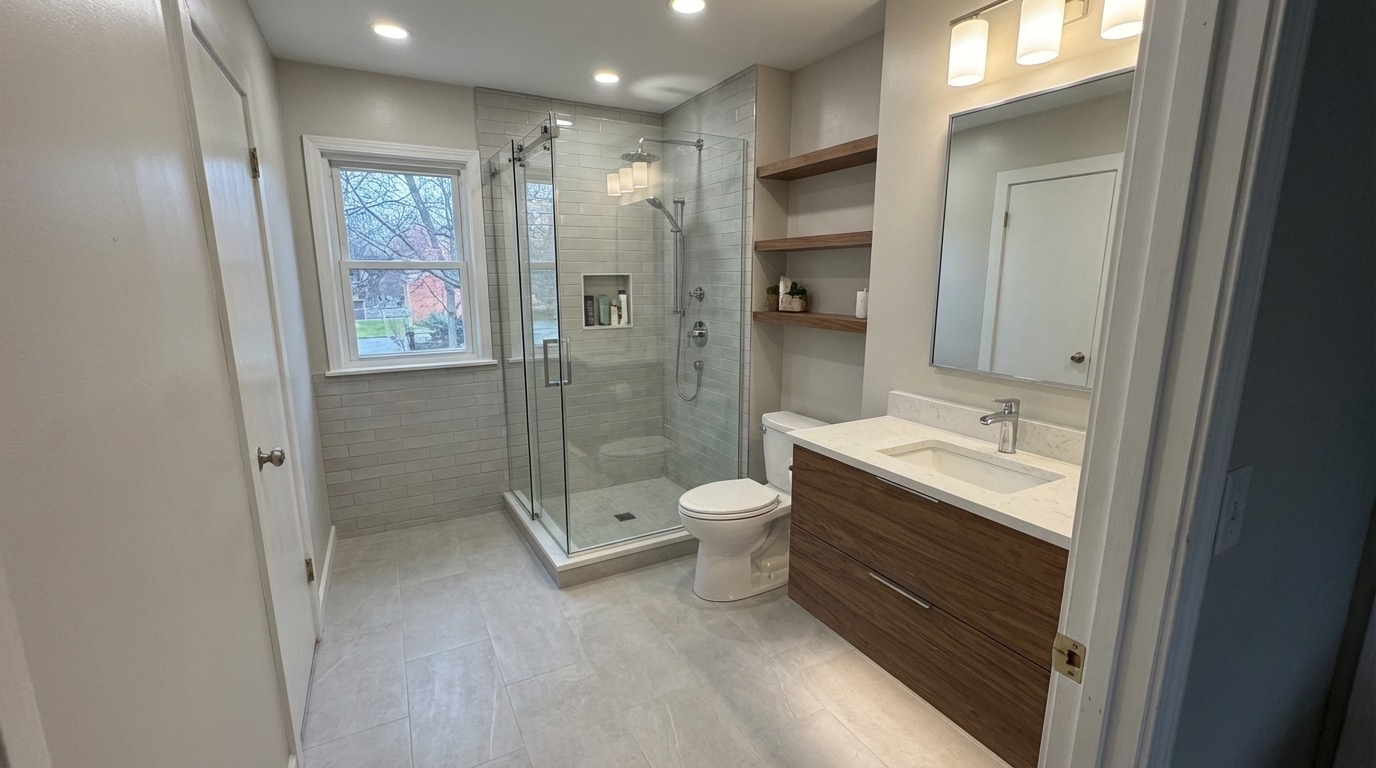 Elegant bathroom transformation with frameless glass and stone accents