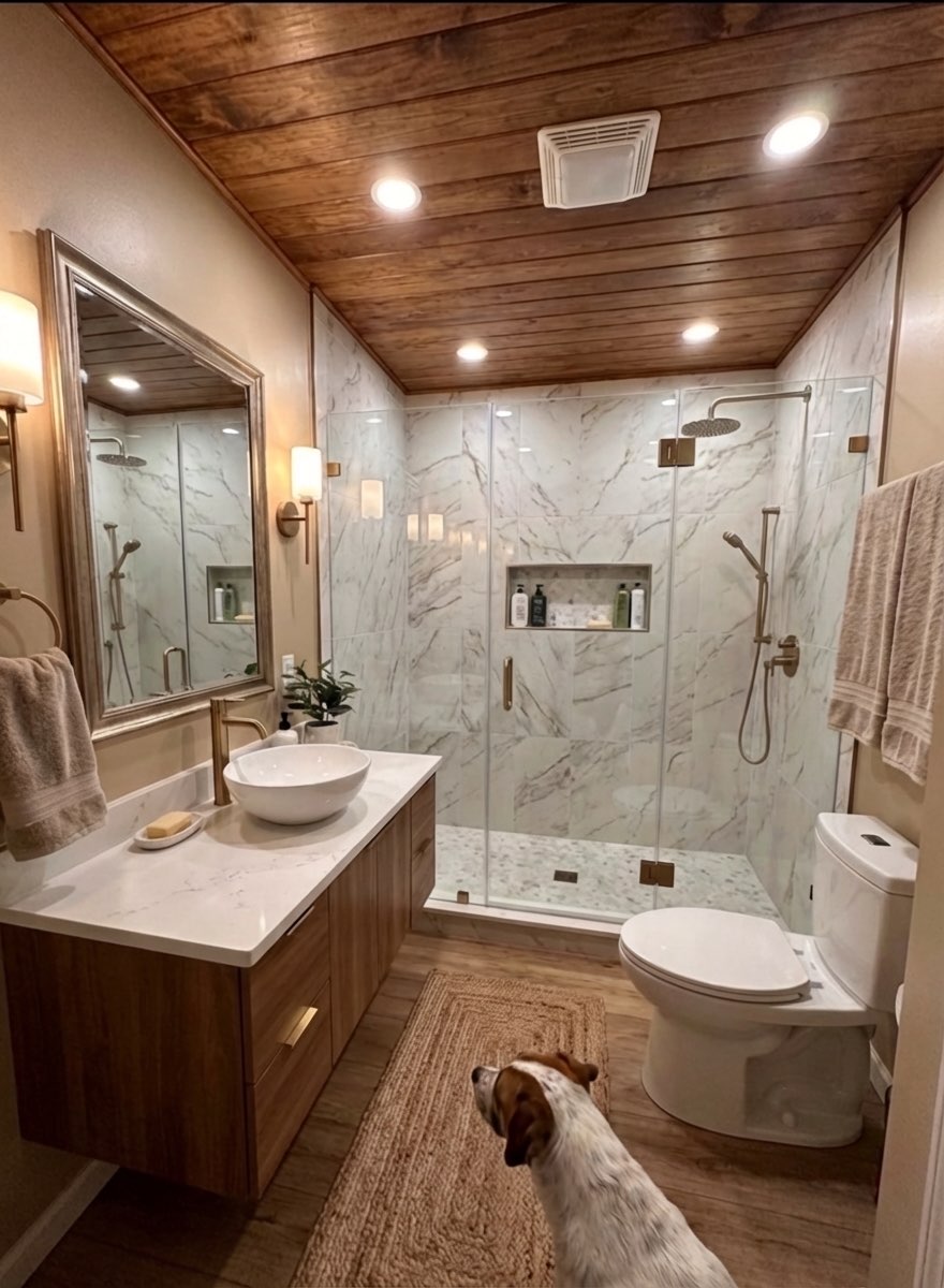 Complete bathroom redesign with freestanding tub and new vanity - AI remodel