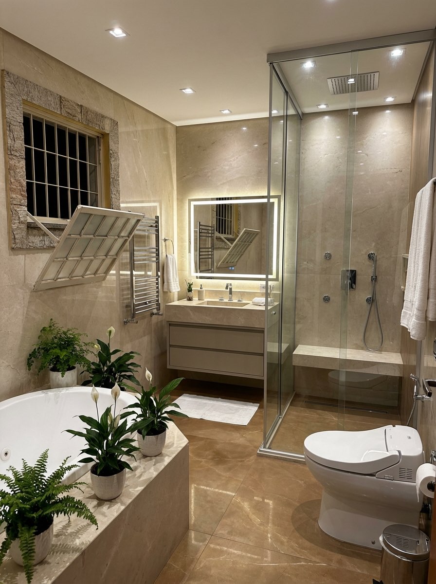 Open-concept bathroom transformation with double vanity - AI design tool