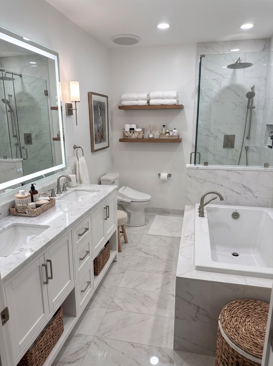 Bathroom remodel idea featuring herringbone floor and updated hardware