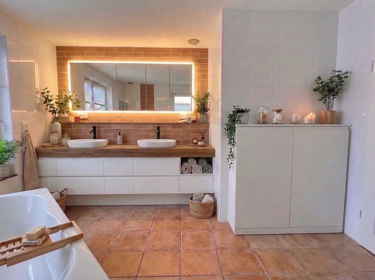 Cozy bathroom makeover with warm wood tones and modern fixtures - AI generated