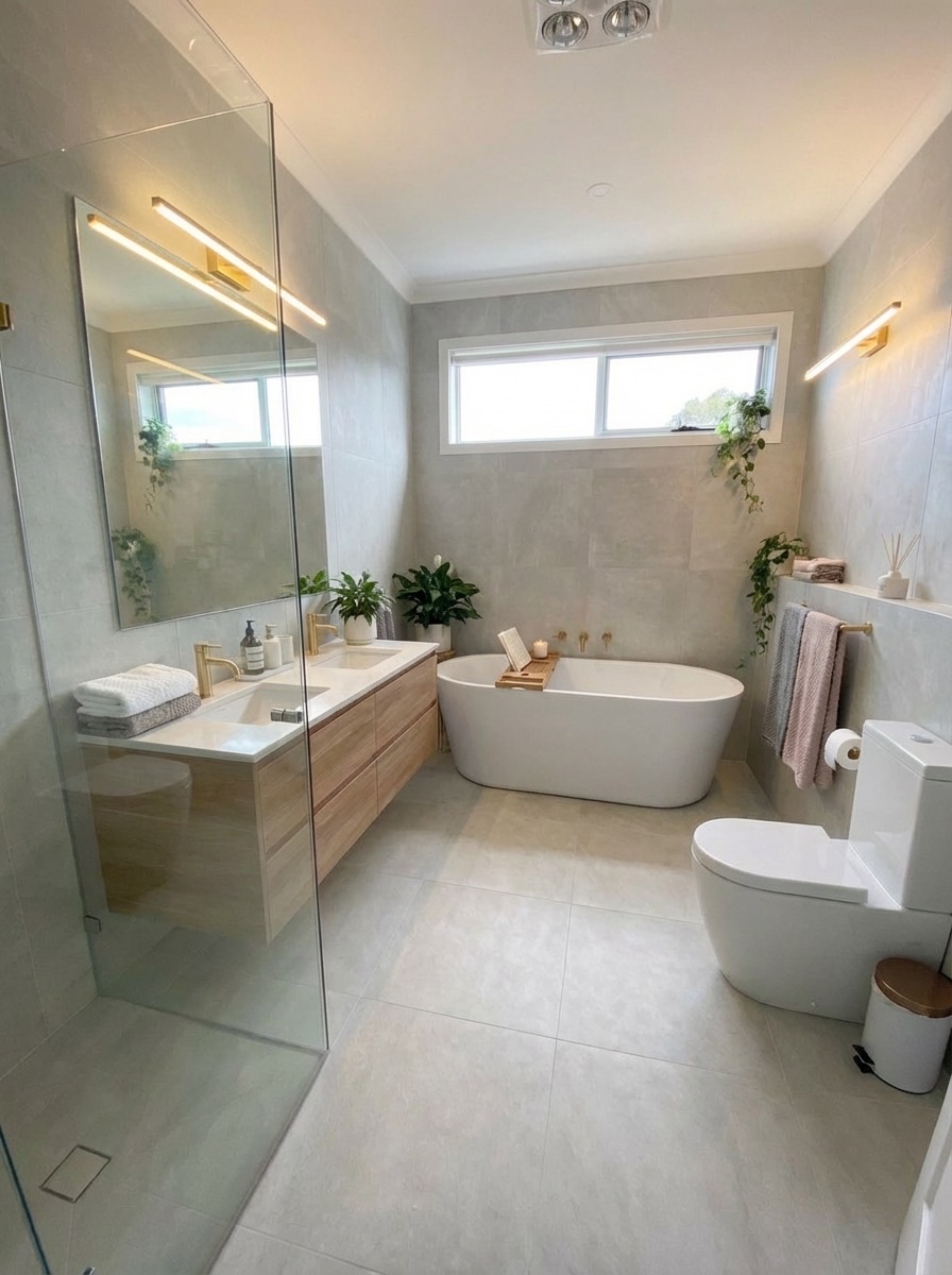 Spacious bathroom transformation with curbless shower and bench seating