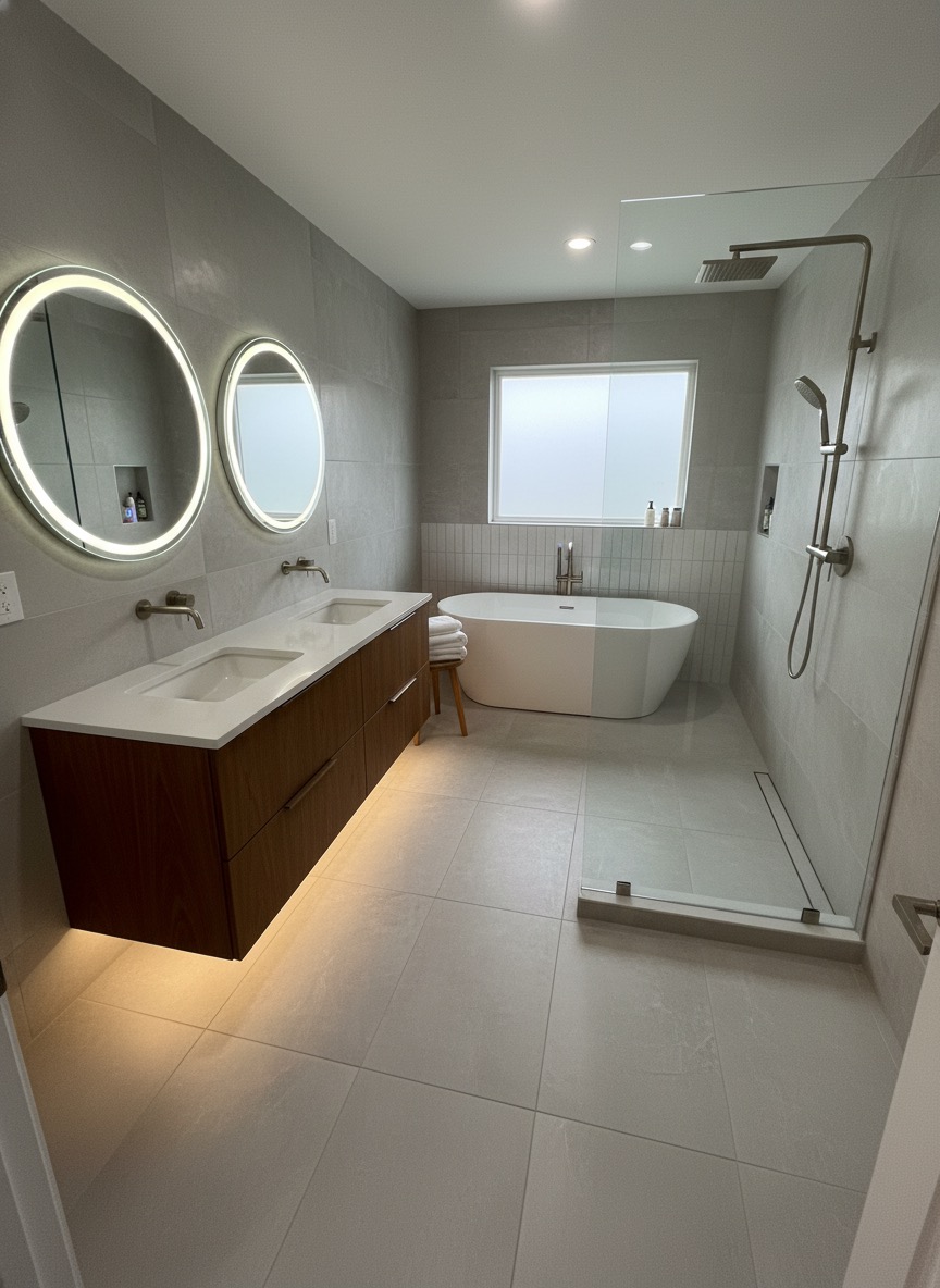 Farmhouse bathroom renovation with vessel sink and barn door - AI redesign