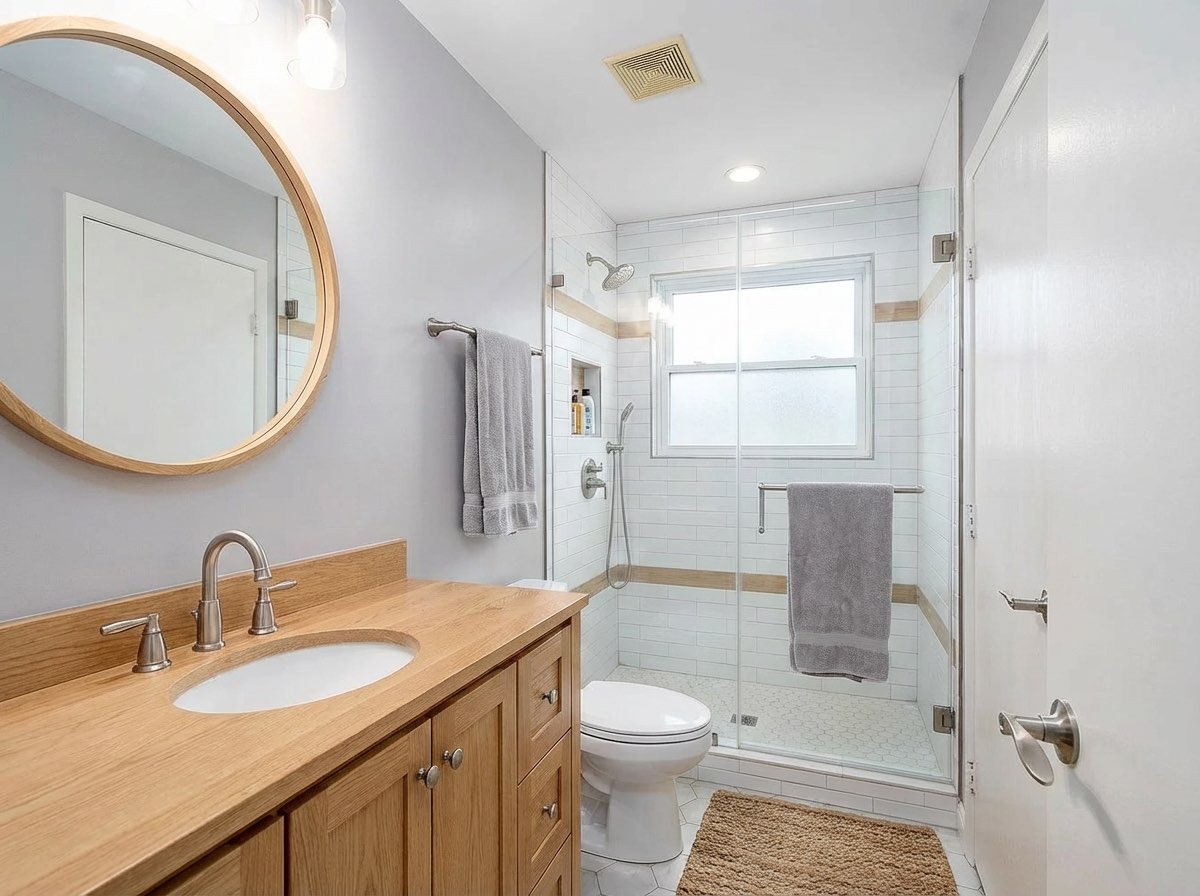 Contemporary bathroom renovation with glass shower enclosure - AI design