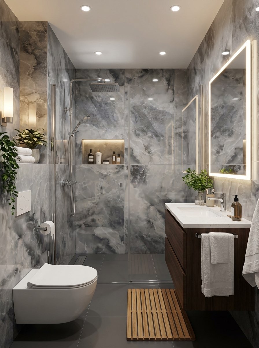 Full bathroom remodel with walk-in shower and new flooring - AI generated