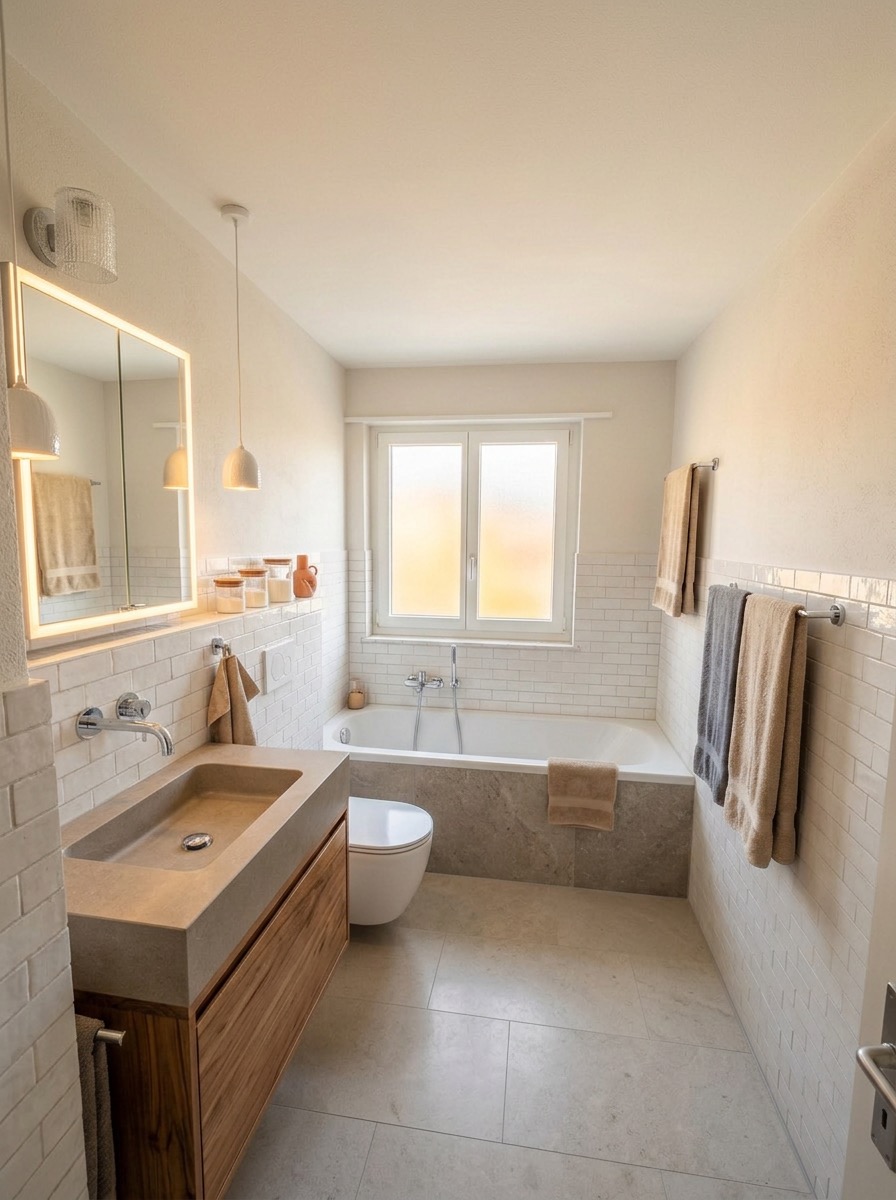 Bathroom transformation featuring modern lighting and clean lines