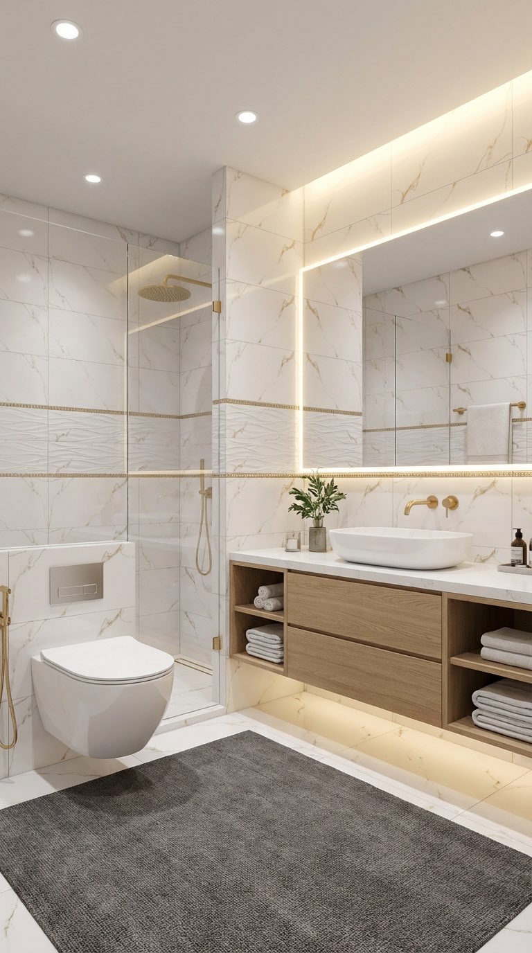 Bright bathroom makeover with white subway tile and chrome fixtures