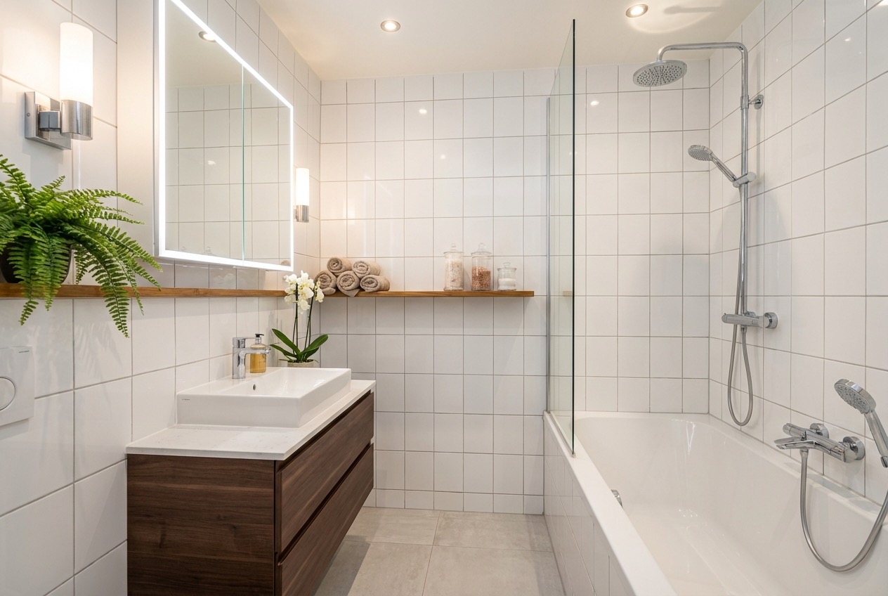 Elegant bathroom transformation with frameless glass and stone accents