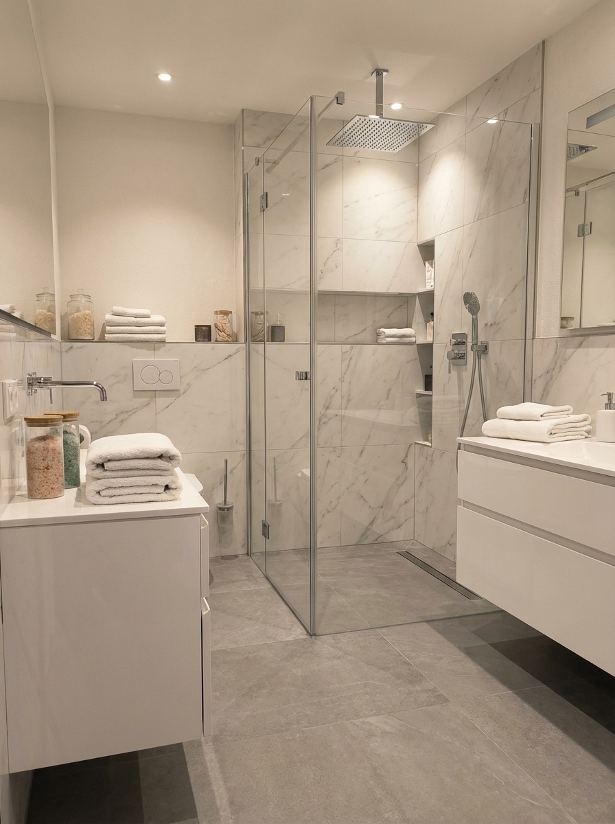 Open-concept bathroom transformation with double vanity - AI design tool