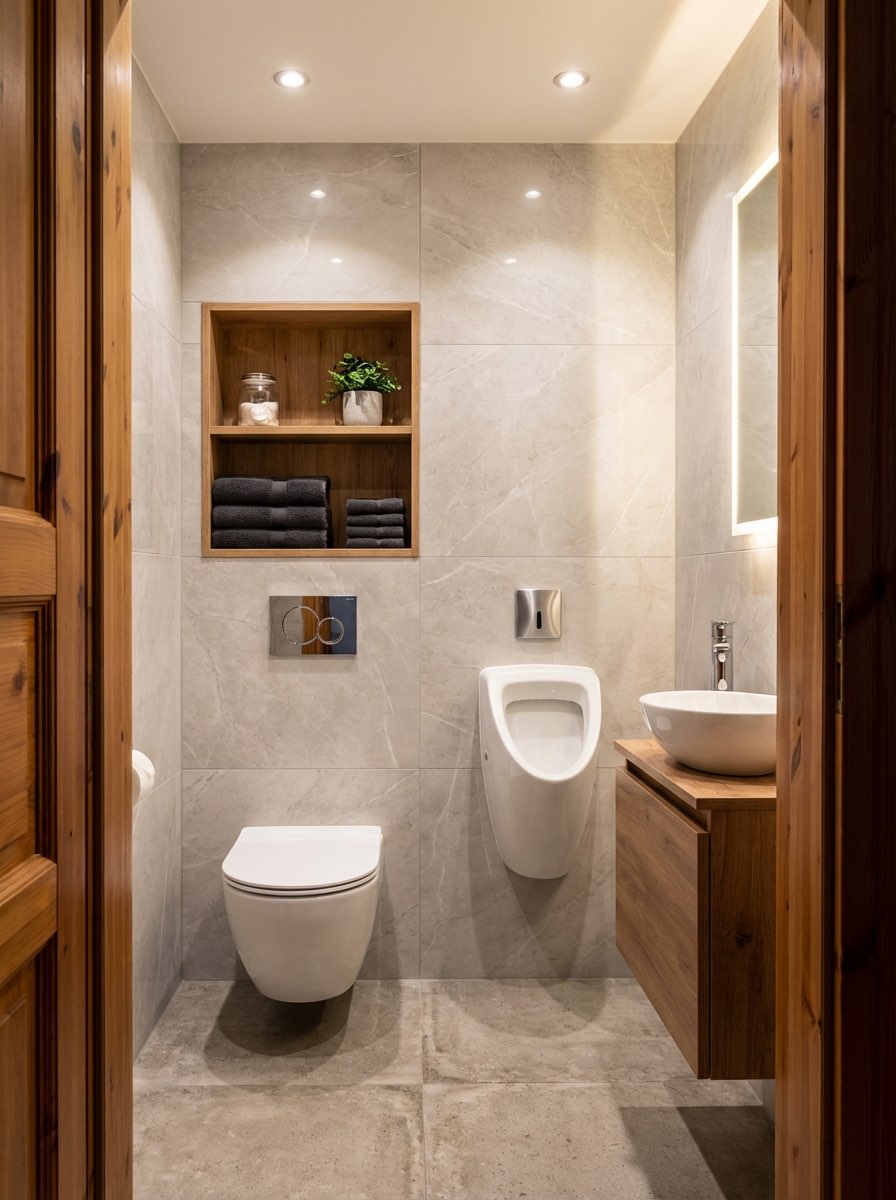 Transitional bathroom renovation with shaker cabinets and quartz counters