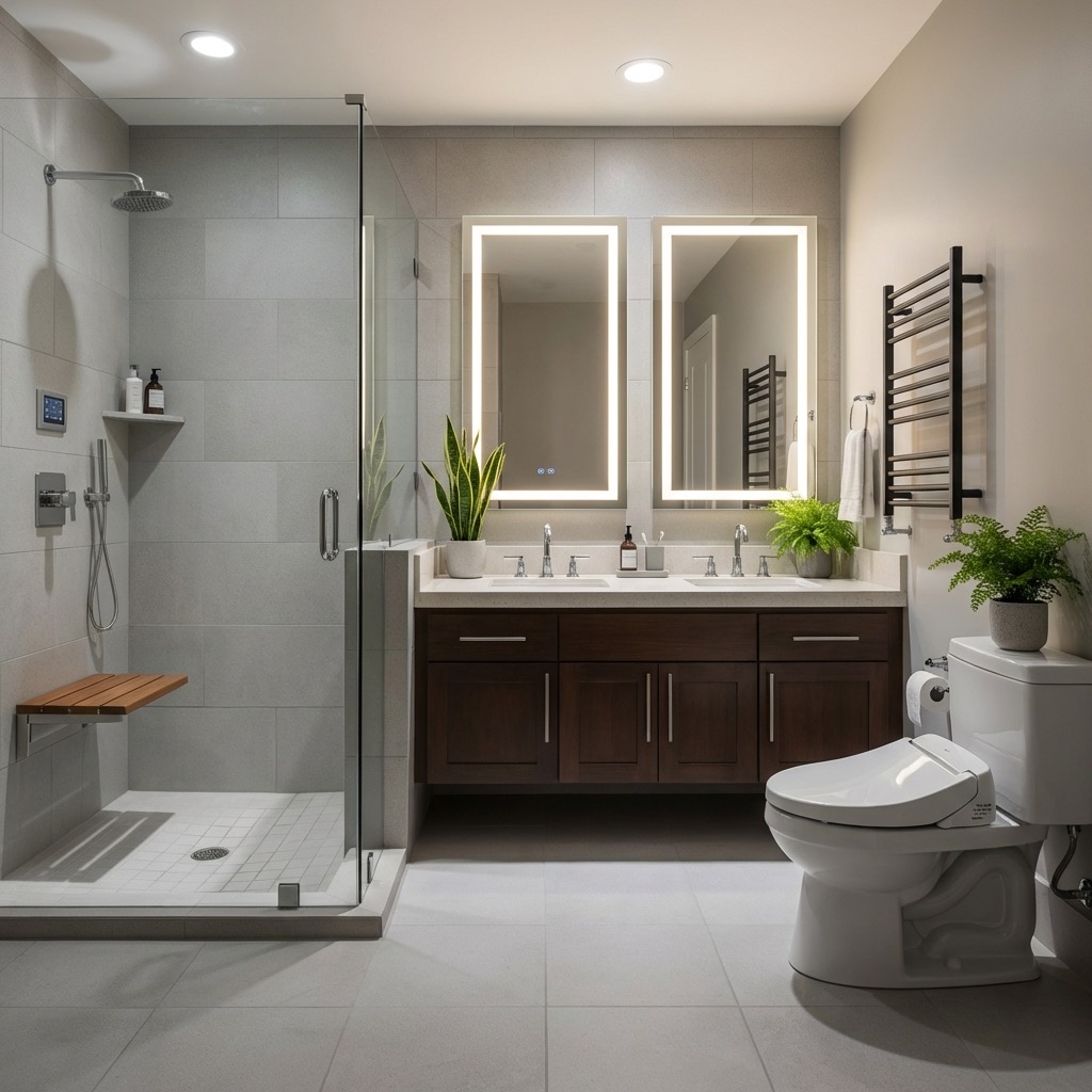 Bathroom remodel idea featuring herringbone floor and updated hardware