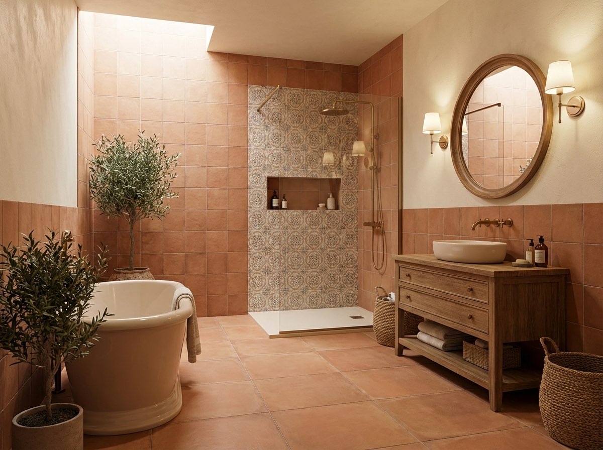 Cozy bathroom makeover with warm wood tones and modern fixtures - AI generated