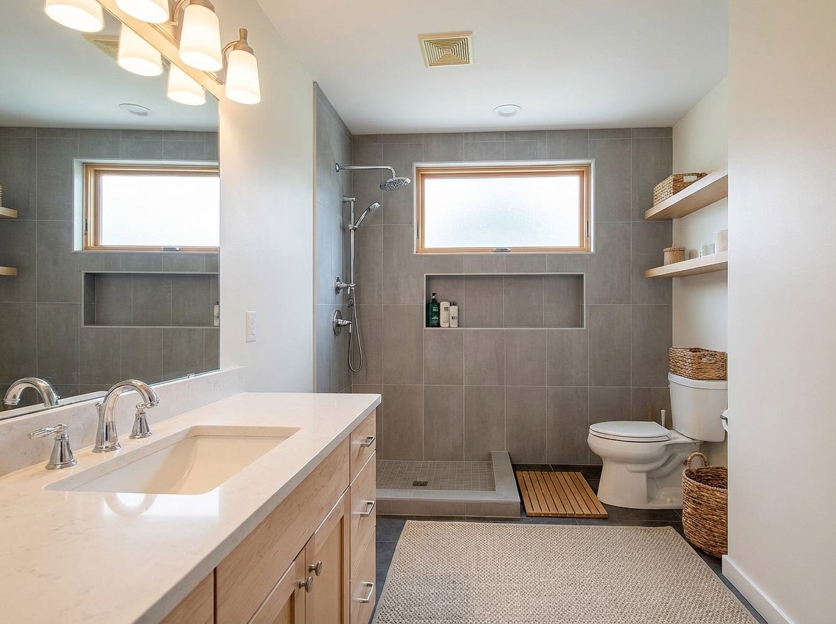 Farmhouse bathroom renovation with vessel sink and barn door - AI redesign