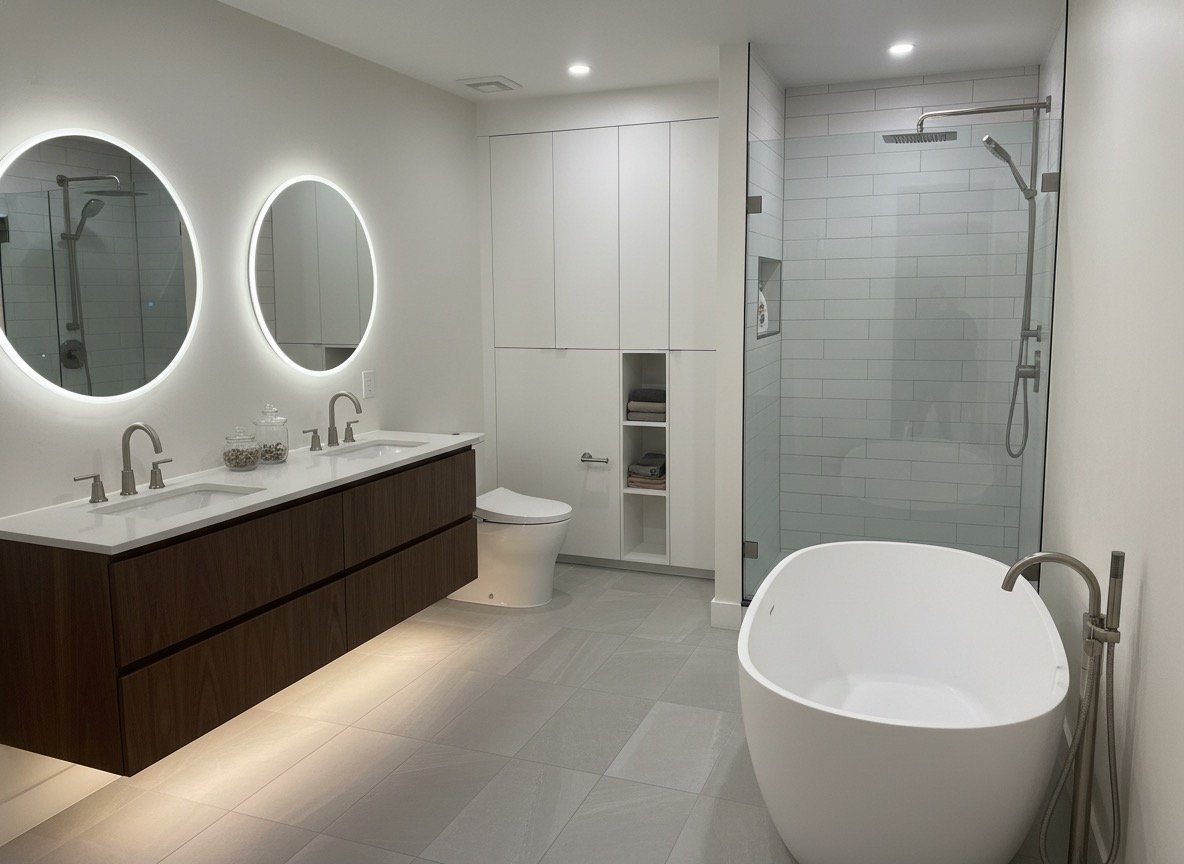 Bright bathroom makeover with white subway tile and chrome fixtures