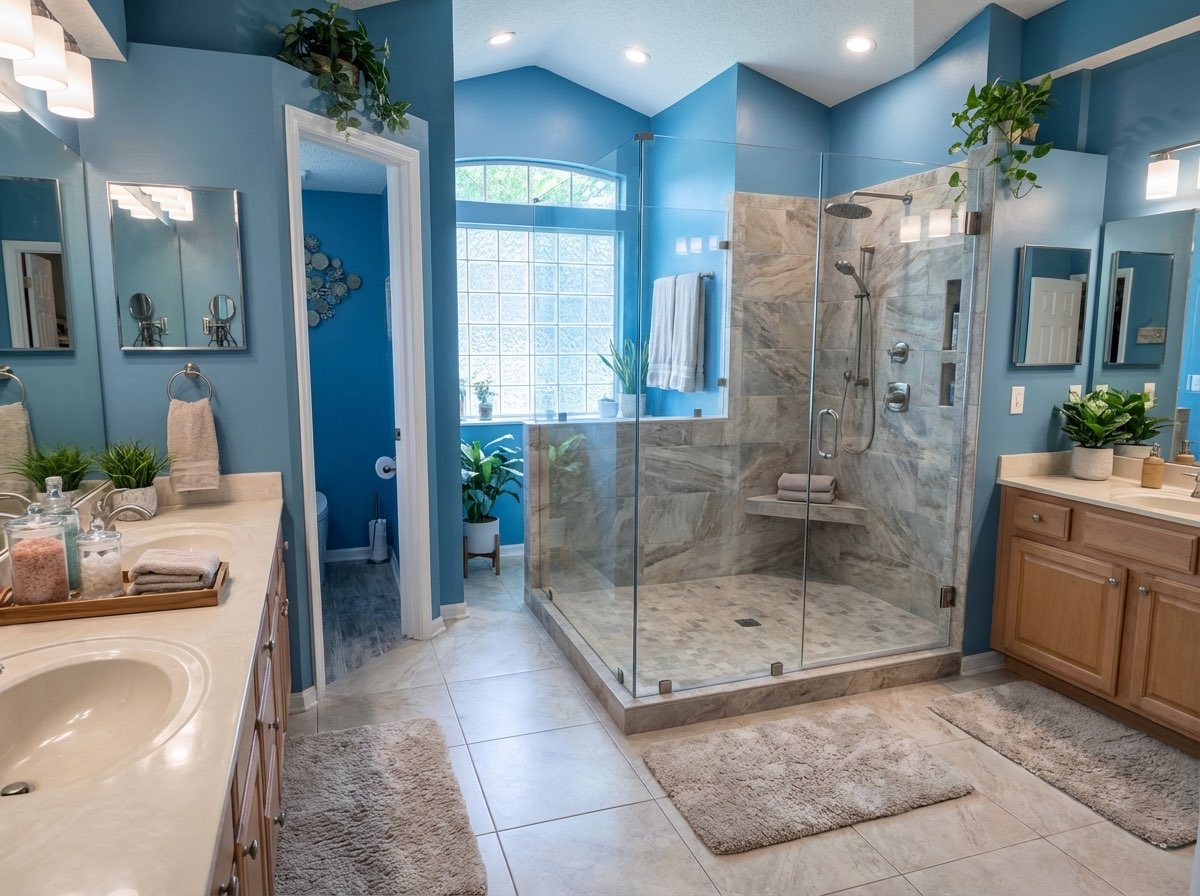 Complete bathroom redesign with freestanding tub and new vanity - AI remodel