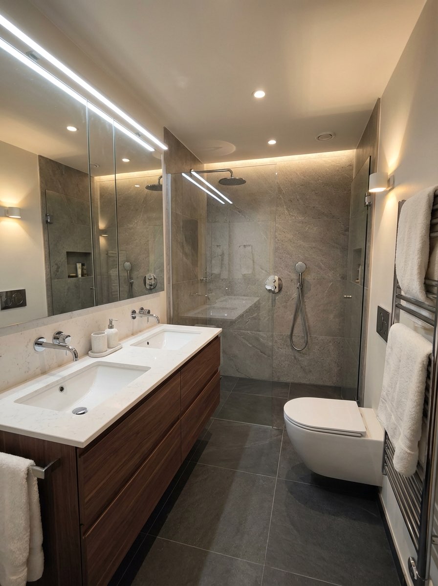 Transitional bathroom renovation with shaker cabinets and quartz counters