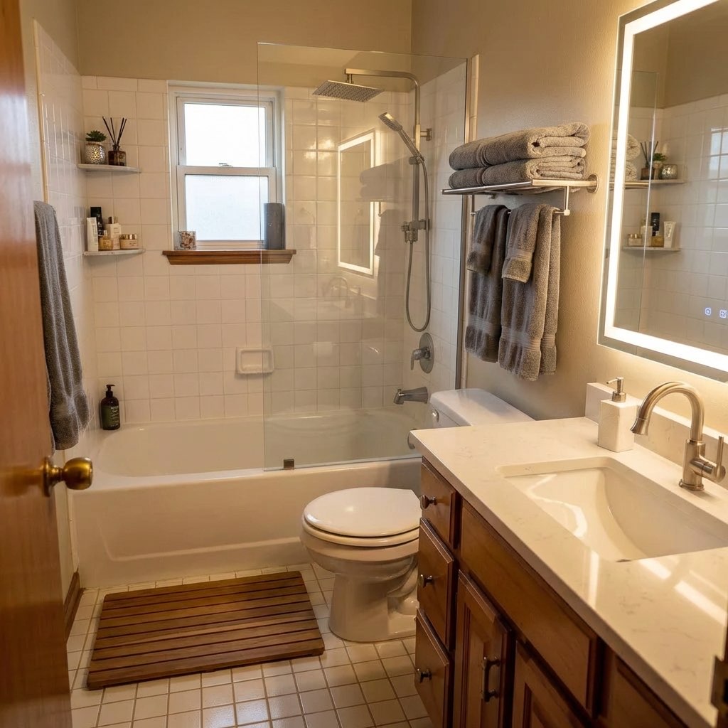 Cozy bathroom makeover with warm wood tones and modern fixtures - AI generated