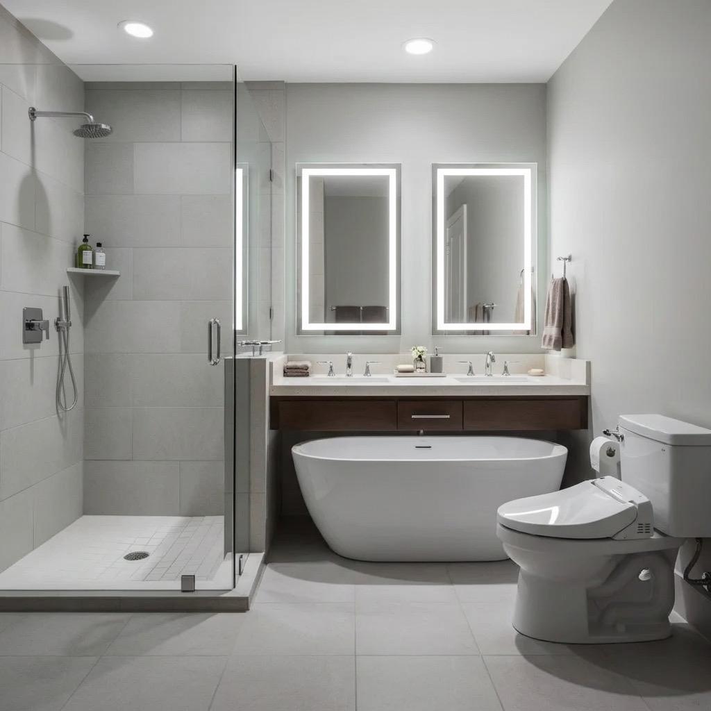 Spacious bathroom transformation with curbless shower and bench seating