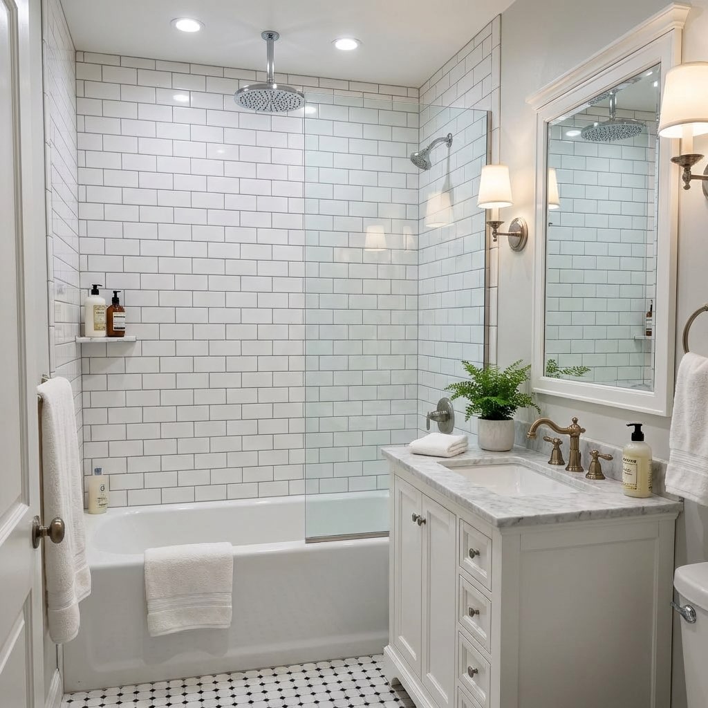 Full bathroom remodel with walk-in shower and new flooring - AI generated