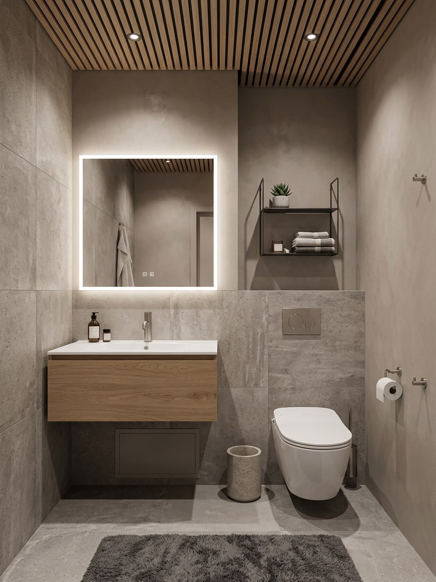 Bathroom transformation featuring modern lighting and clean lines