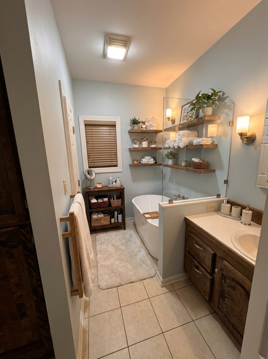 Bright bathroom makeover with white subway tile and chrome fixtures