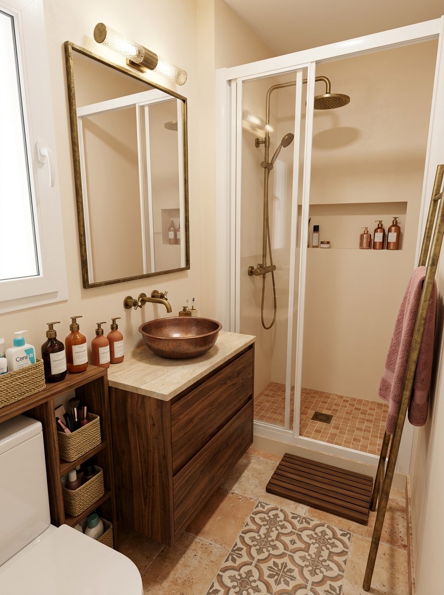 Transitional bathroom renovation with shaker cabinets and quartz counters