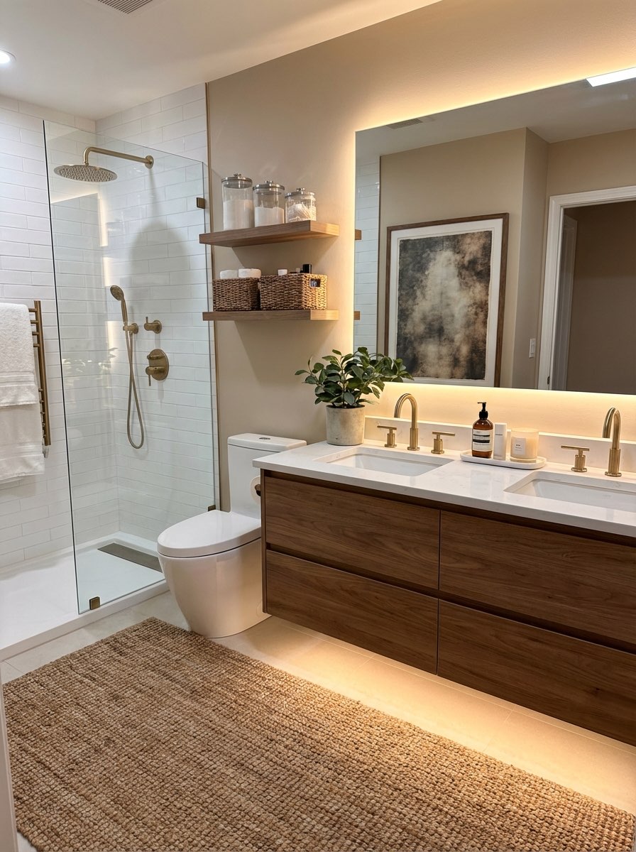 Bathroom remodel idea featuring herringbone floor and updated hardware