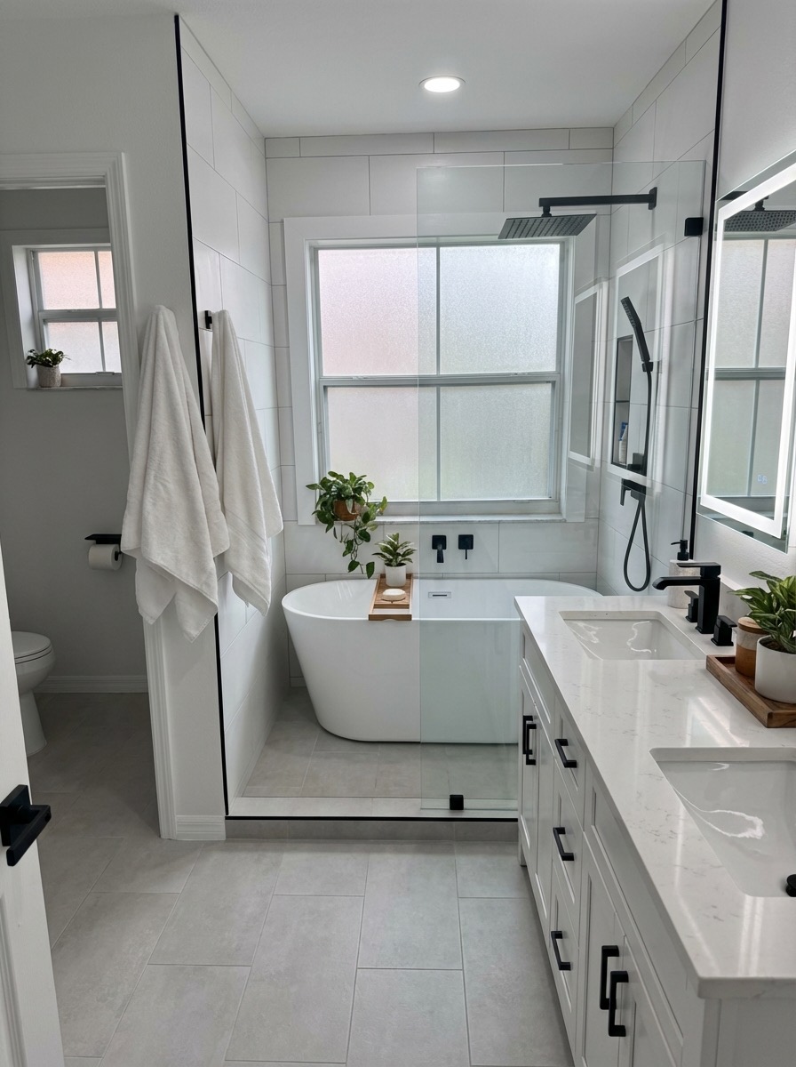 Cozy bathroom makeover with warm wood tones and modern fixtures - AI generated