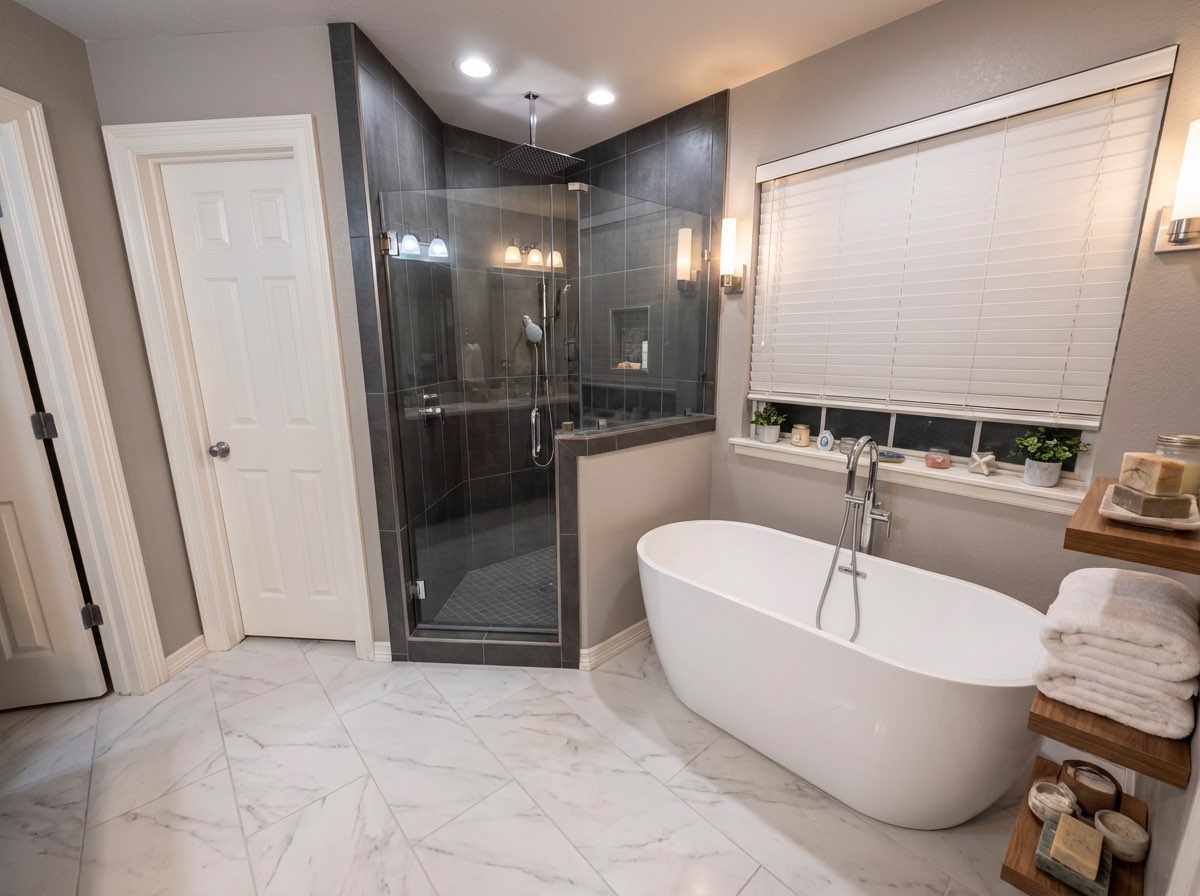 Spacious bathroom transformation with curbless shower and bench seating