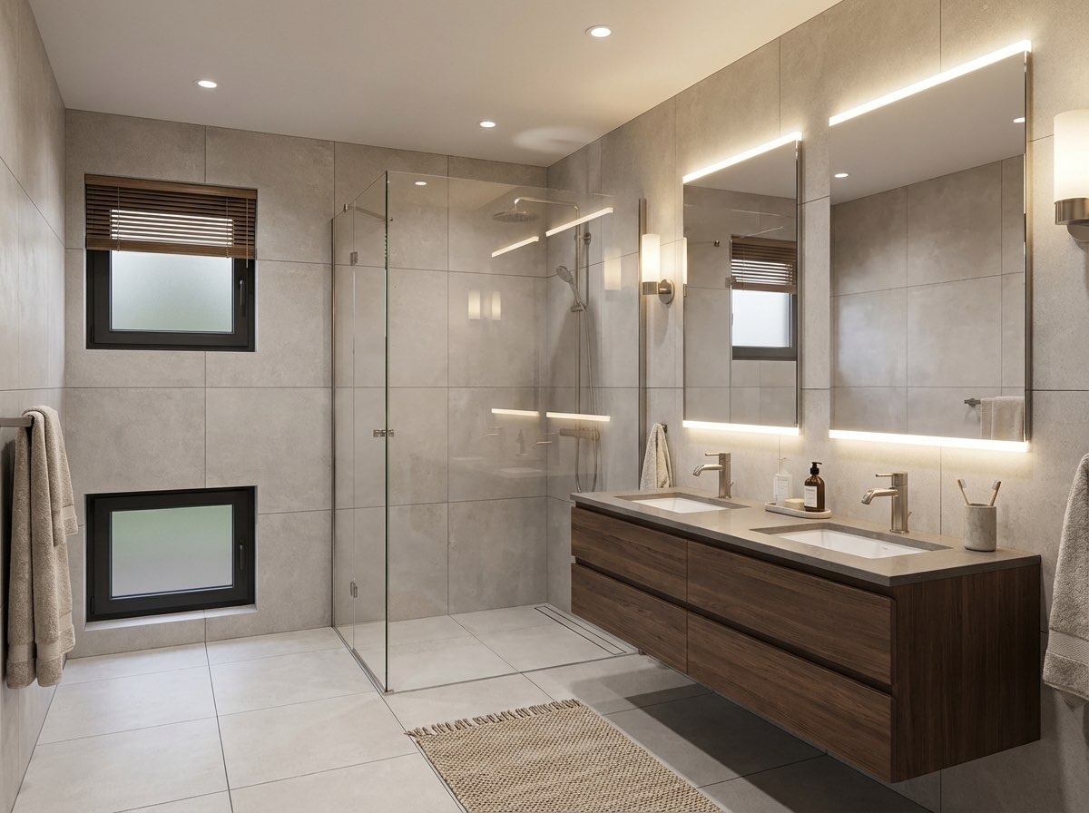 Contemporary bathroom renovation with glass shower enclosure - AI design
