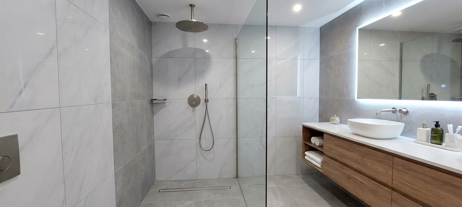 Full bathroom remodel with walk-in shower and new flooring - AI generated