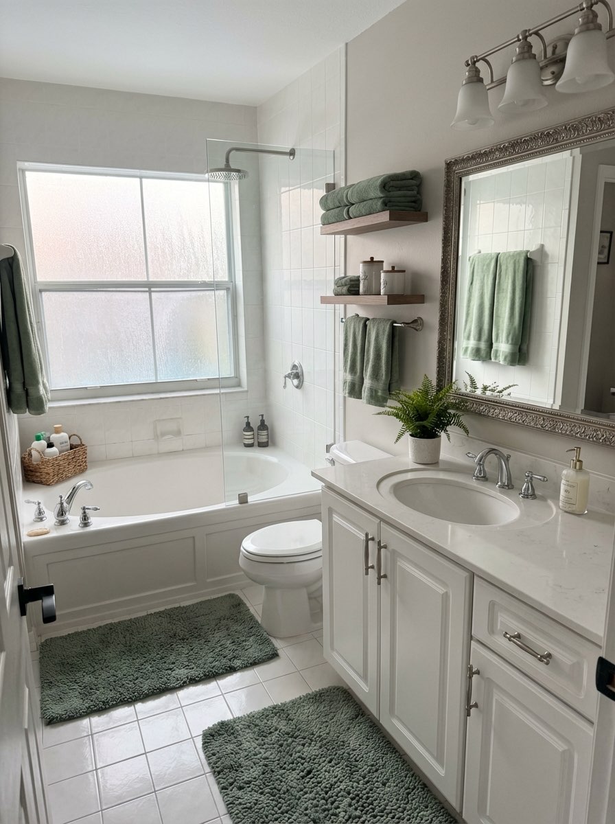 Bathroom transformation featuring modern lighting and clean lines