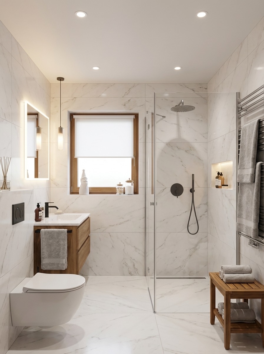 Bright bathroom makeover with white subway tile and chrome fixtures