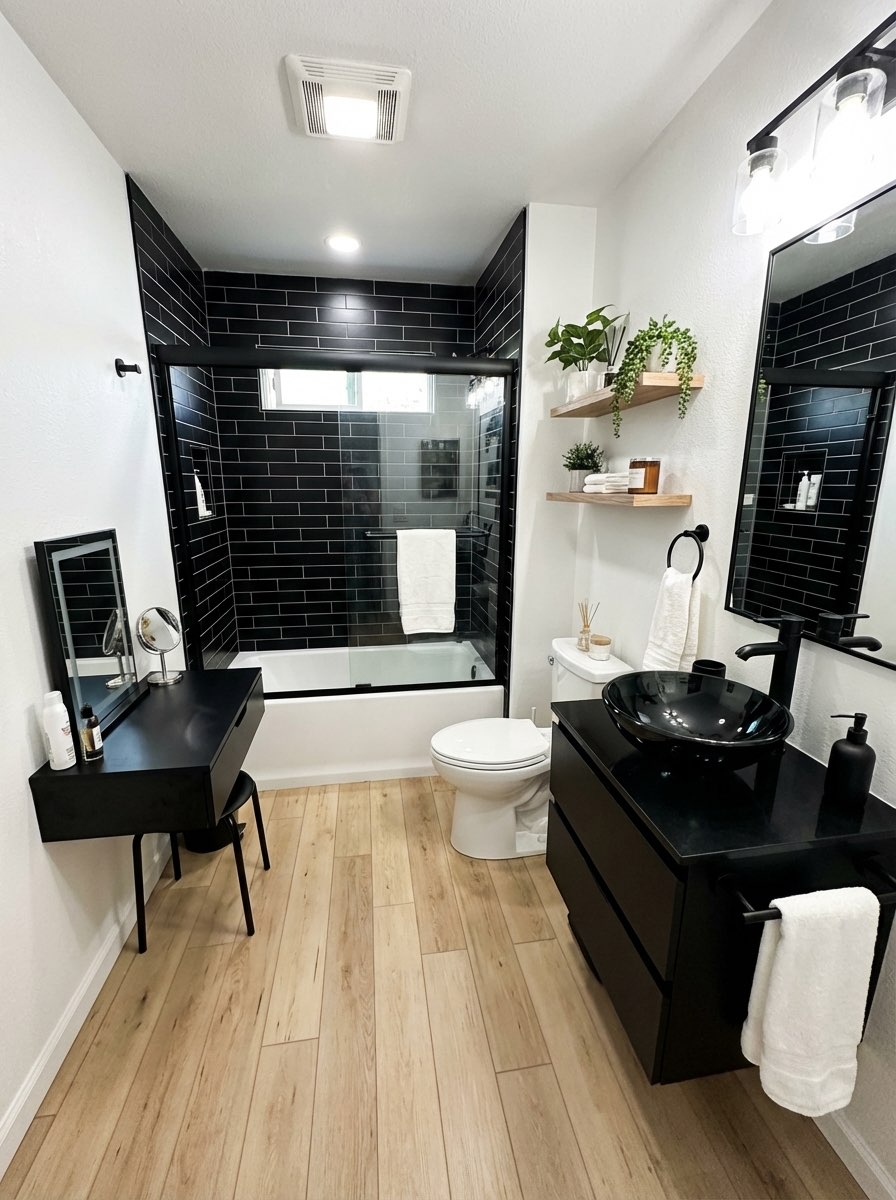 Elegant bathroom transformation with frameless glass and stone accents