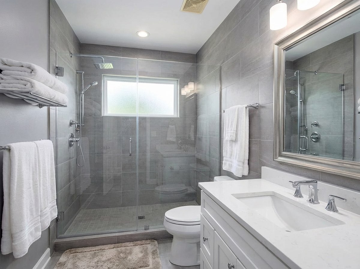 Open-concept bathroom transformation with double vanity - AI design tool