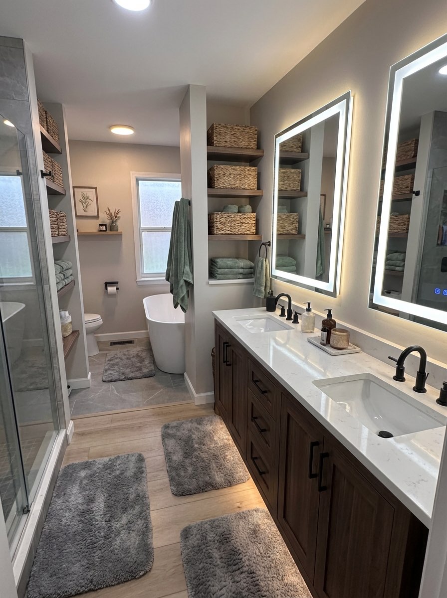 Transitional bathroom renovation with shaker cabinets and quartz counters