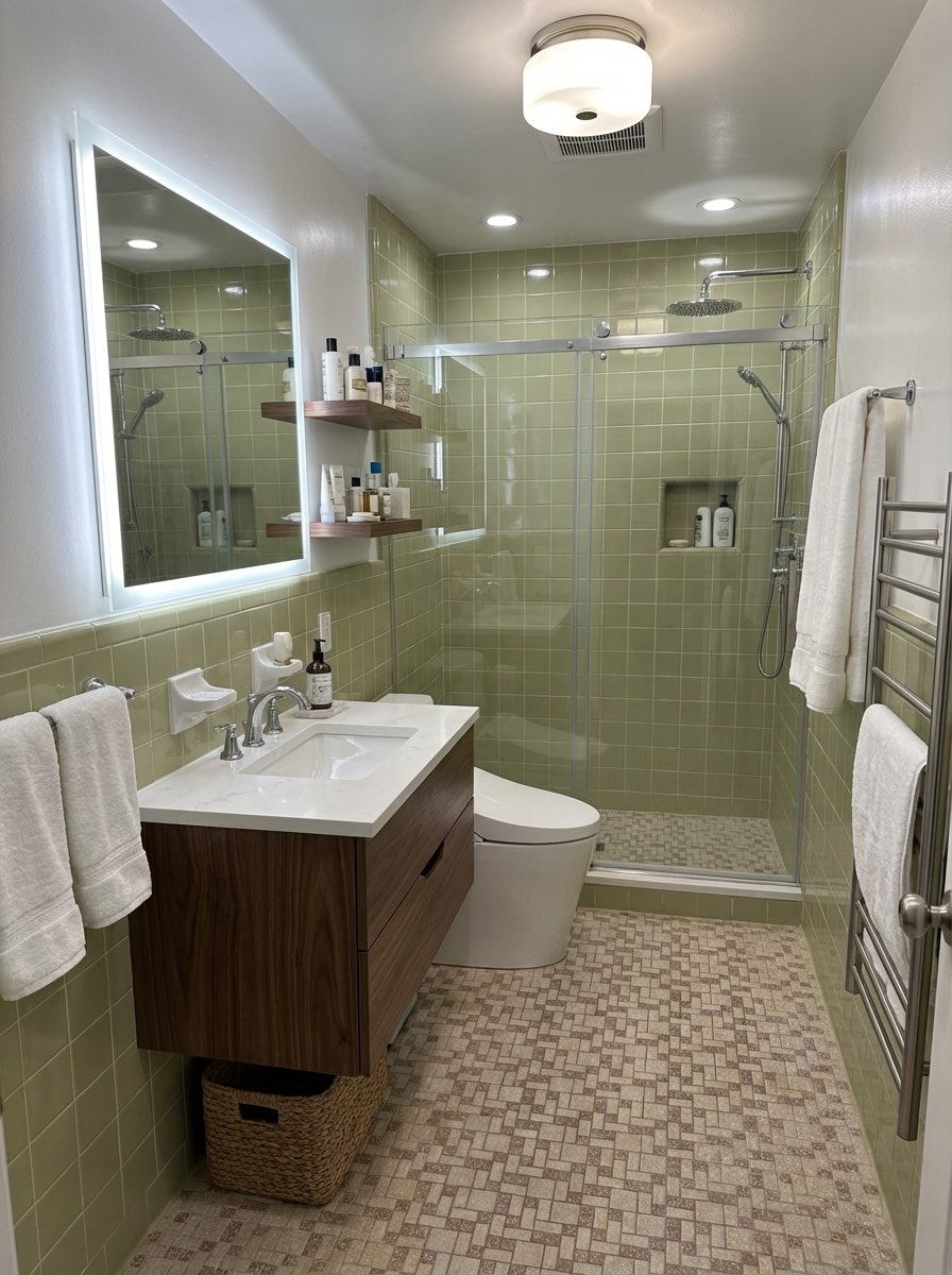 Bathroom remodel idea featuring herringbone floor and updated hardware