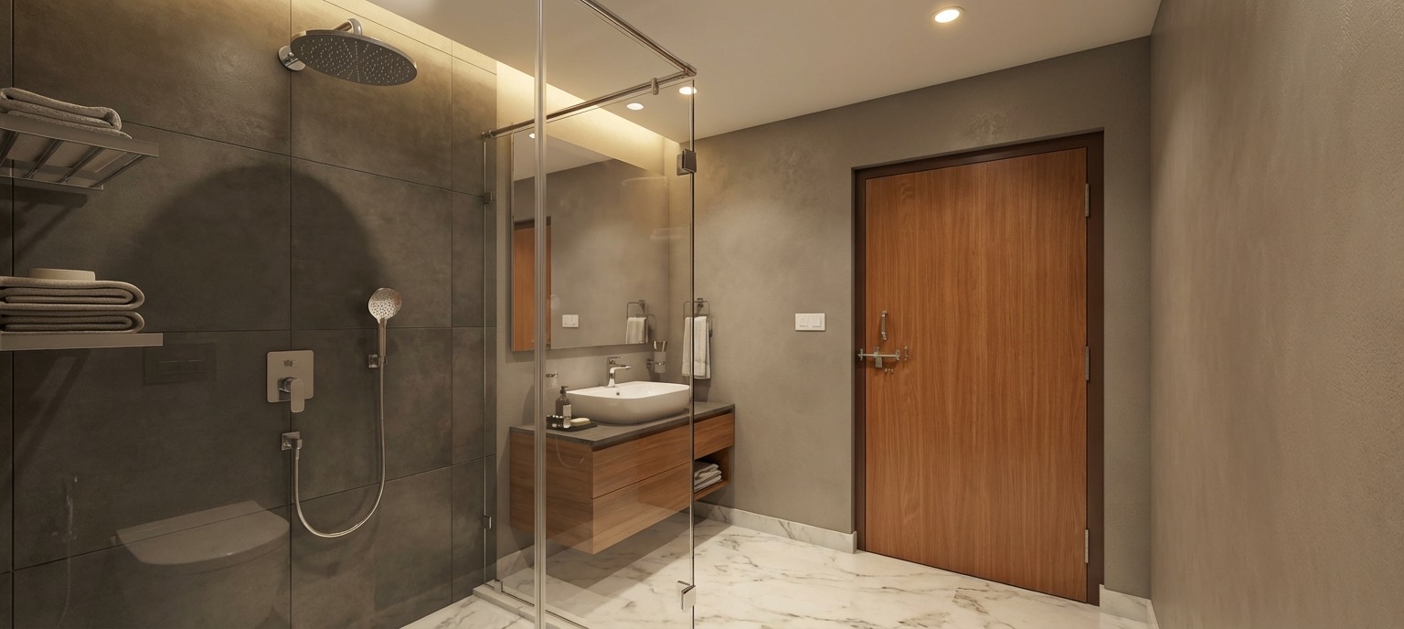 Spacious bathroom transformation with curbless shower and bench seating