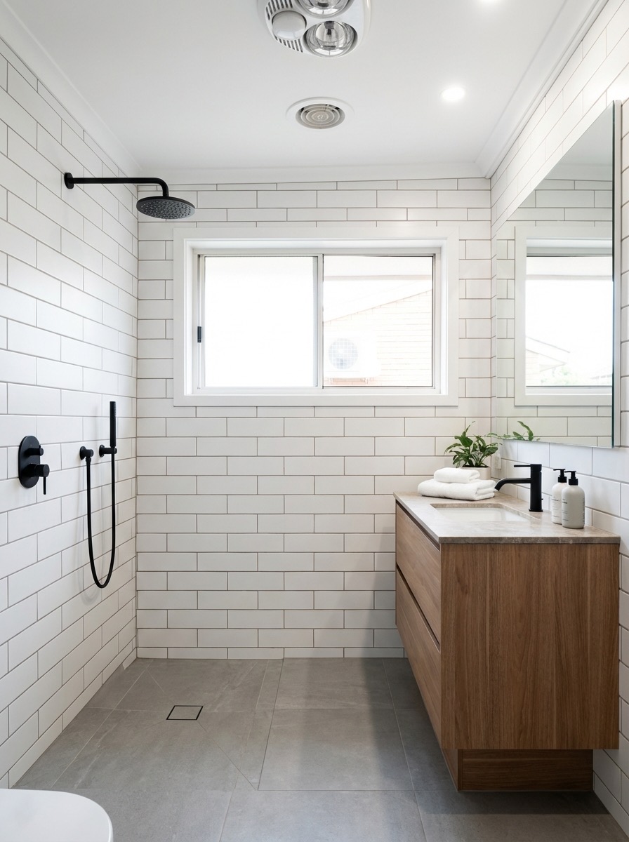 Full bathroom remodel with walk-in shower and new flooring - AI generated