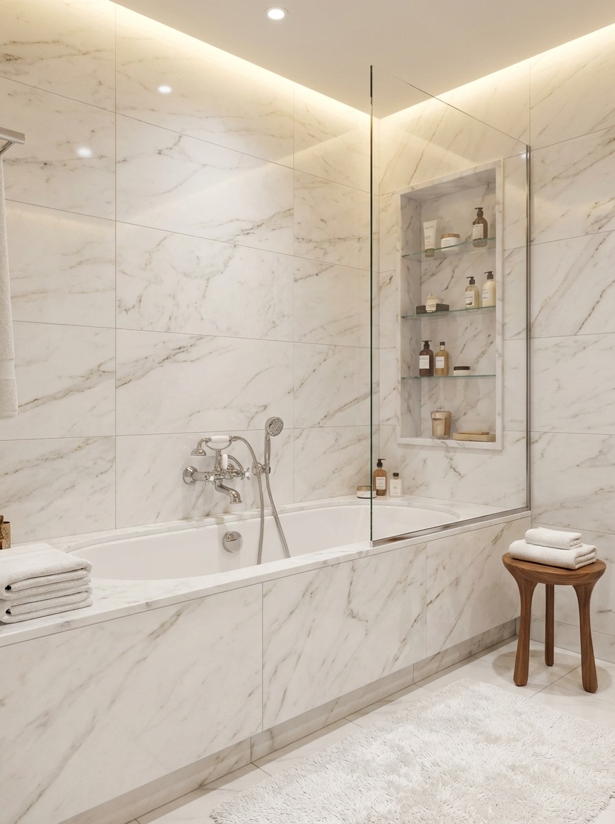 Bathroom transformation featuring modern lighting and clean lines
