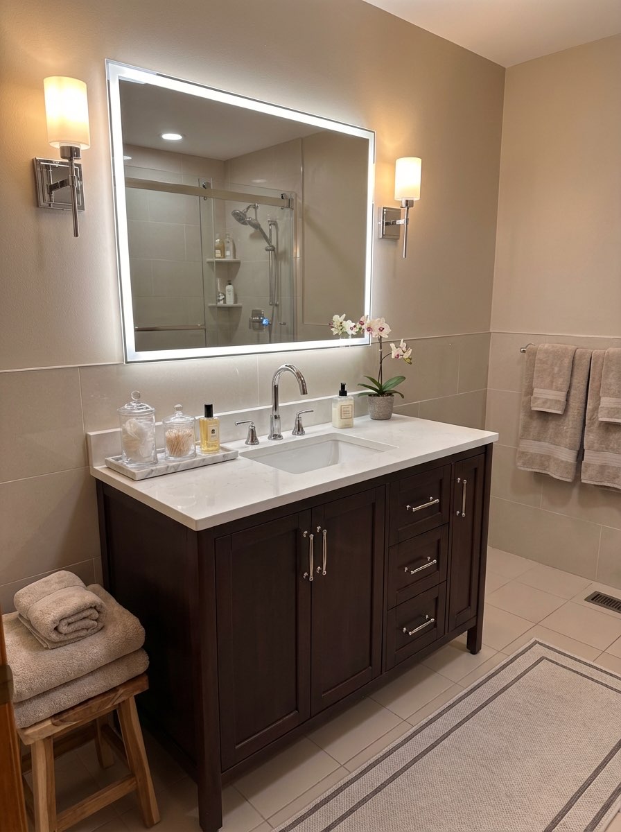 Elegant bathroom transformation with frameless glass and stone accents