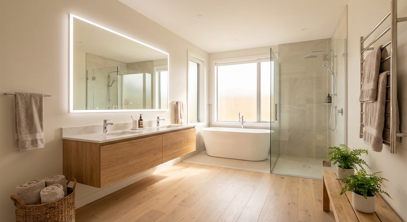 Modern dream bathroom with backlit mirror and integrated storage - AI