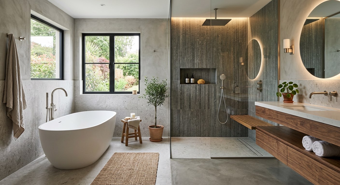 Industrial dream bathroom design with exposed brick and matte black hardware