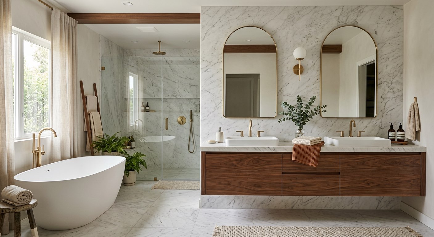 Coastal dream bathroom idea with ocean-blue tile and driftwood vanity