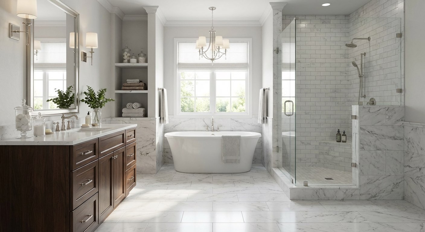 Zen-inspired dream bathroom with pebble floor and bamboo details - AI generated